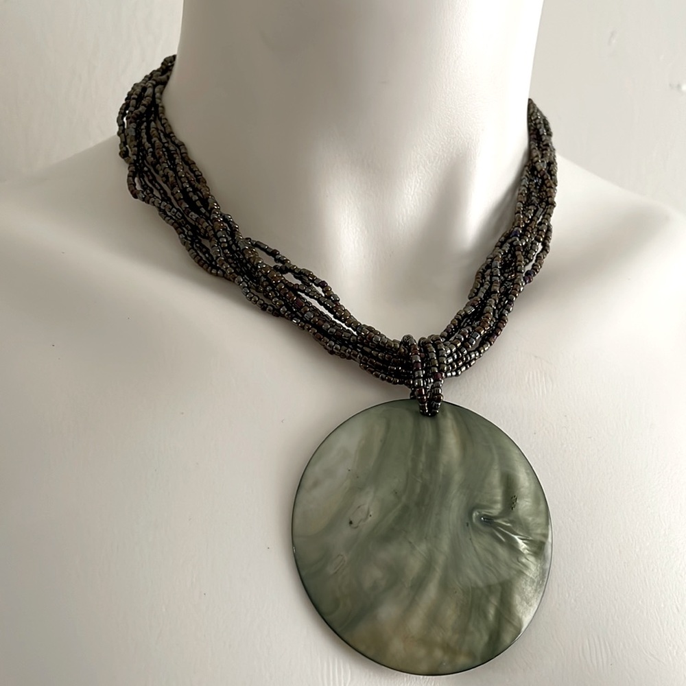 Mother of Pearl Green Swirl Disc Pendant Multi-Strand Beaded Necklace